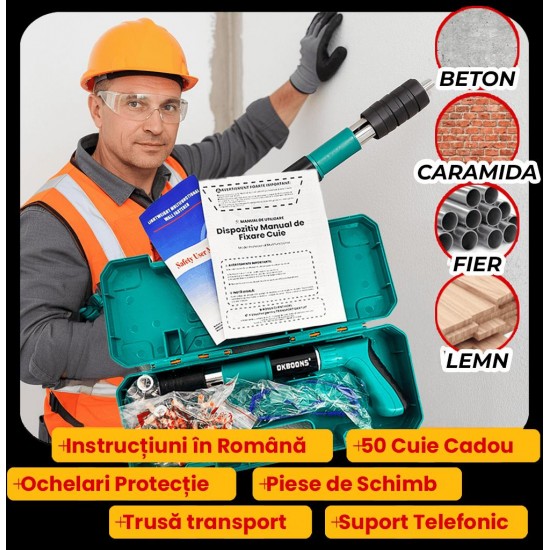 Kit pistol manual pentru fixare nituri/ cuie, Accesorii + 50 Cuie